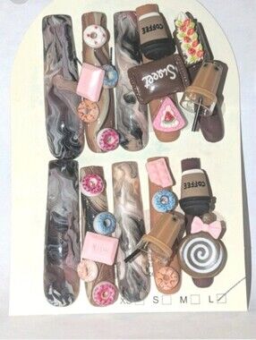 Hand Crafted 3xl Brown & Pink Marbled Press-On Nails with 3D Dessert Charms Sz L